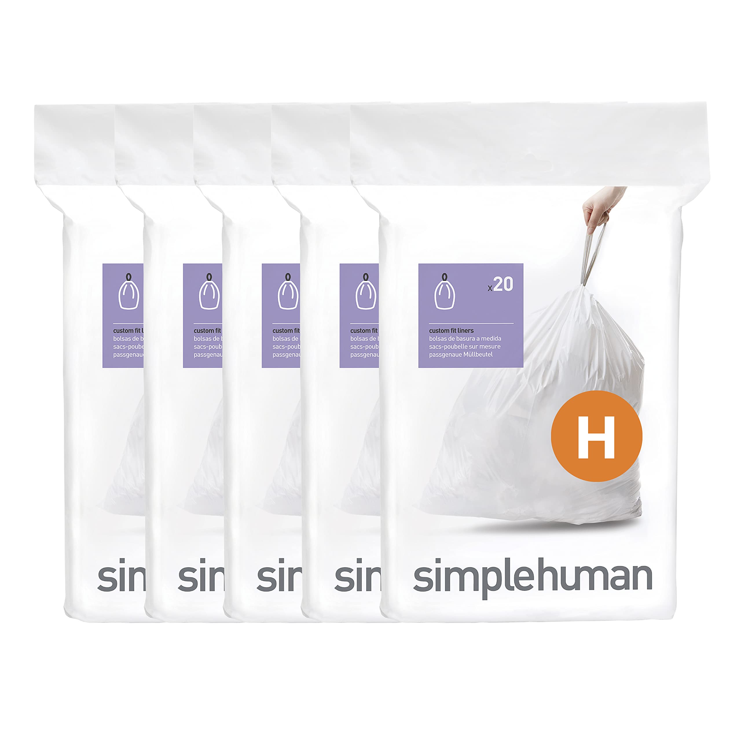 simplehuman Code H 100 Count Custom Fit Liners, Drawstring Kitchen Trash Bags, O