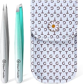 Expert Slant and Point Tip Tweezer Set with Exclusive Leather Case, GlamTweeler Sharp & Precision Tweezer Set for Eyebrows, Facial Hairs and Fine Hairs Removal (Sparkle Mint Green + Silver)