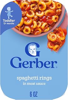 Gerber Toddler Spaghetti Rings in Meat Sauce, 6 Oz, 6 Pack | Toddler mealtime; spaghetti rings in meat sauce; 6 x 6 oz trays