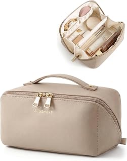 BAGSMART Large Travel Makeup Cosmetic Bag, Lay Flat, Clear Brush Pocket | PU Leather, Waterproof Make up Case, Women's Essentials, Holiday Gifts, Camel