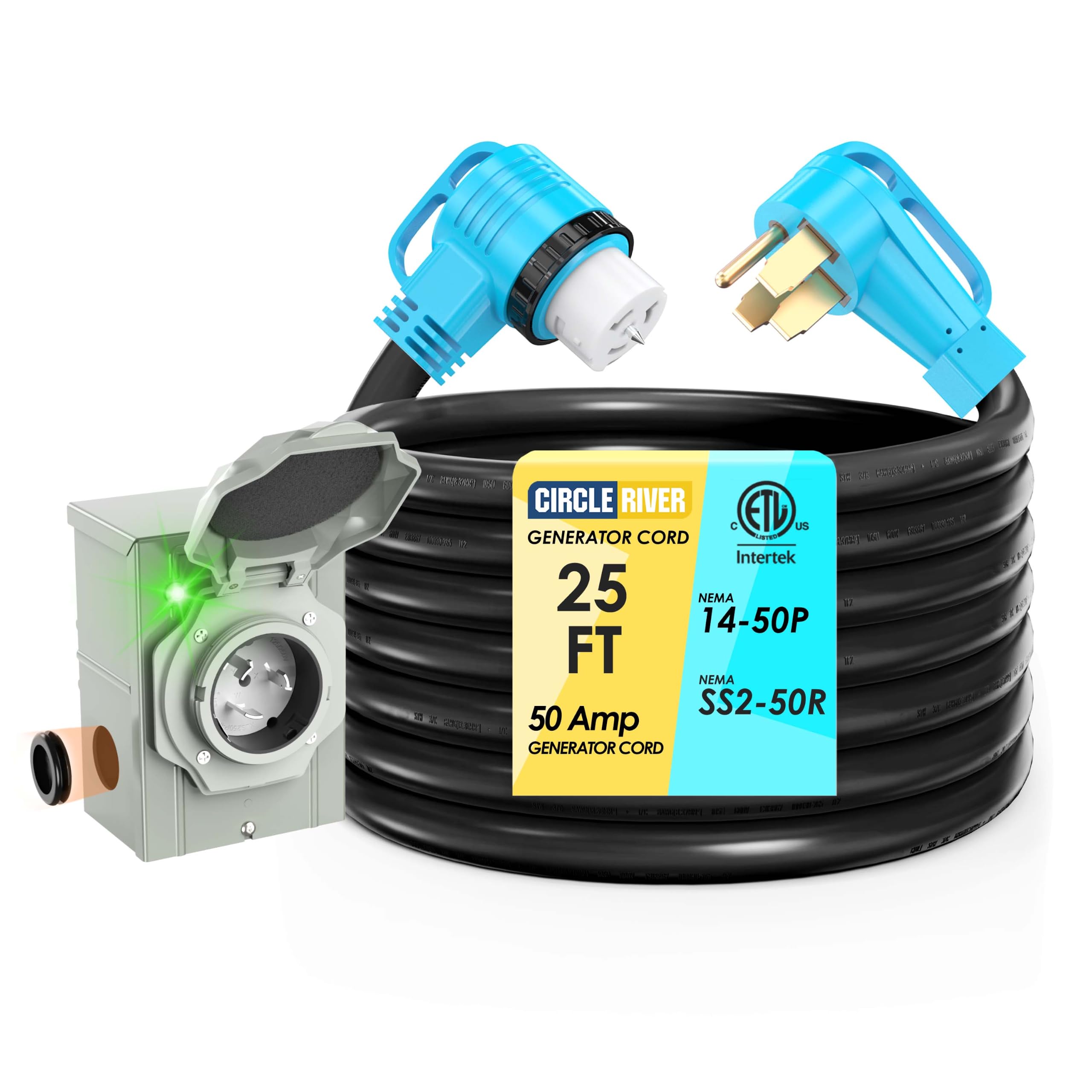 50 Amp 25 Feet Generator Cord and Power Inlet Box Combo Kit | NEMA 14-50P Male t