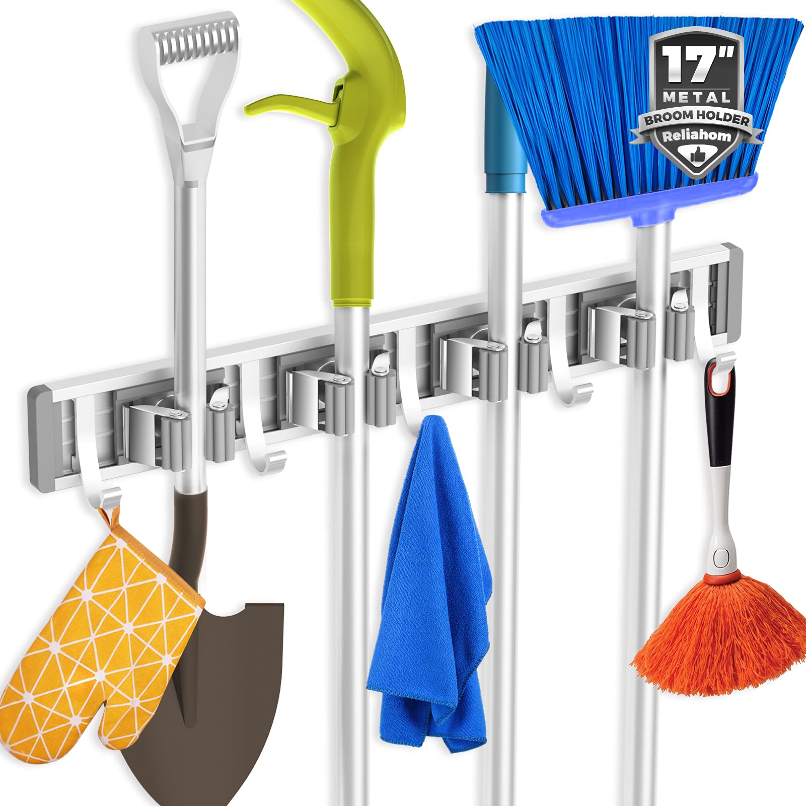 reliahom Broom Holder Wall Mount Mop Hanger Tools organizer 4Racks 5Hooks | Adju