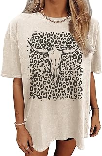 Western Cow Skull Shirts for Women Boho Cowgirl Shirt Vintage Acid Wash Tshirt Oversize Rodeo Graphic Tee Country Top