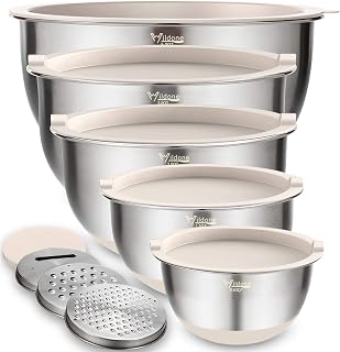 Wildone Mixing Bowls with Airtight Lids Set, 5PCS Stainless Steel Nesting Bowls with Grater Attachments & Non-Slip Bottoms, Size 5, 3, 2, 1.5, 0.63 QT, Great for Mixing & Serving, Khaki