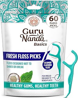 GuruNanda Fresh Dental Floss Picks with Angled Toothpick, Cocomint, 60 ct | No Break or Shred Thread|Non Slip Handle|Built-In Angled Interdental Floss Picks|Dentist Recommended|For Adults & Kids