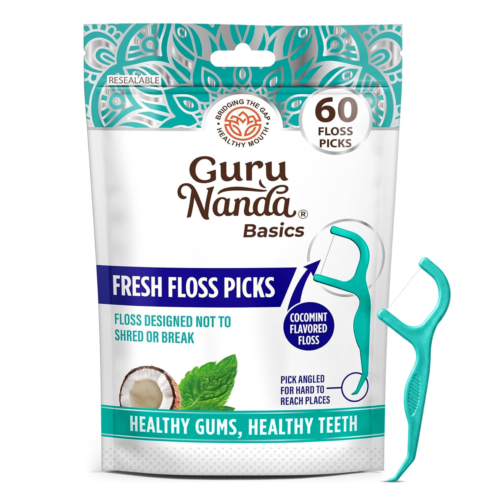 GuruNanda Fresh Dental Floss Picks with Angled Toothpick, Cocomint, 60 ct | No B