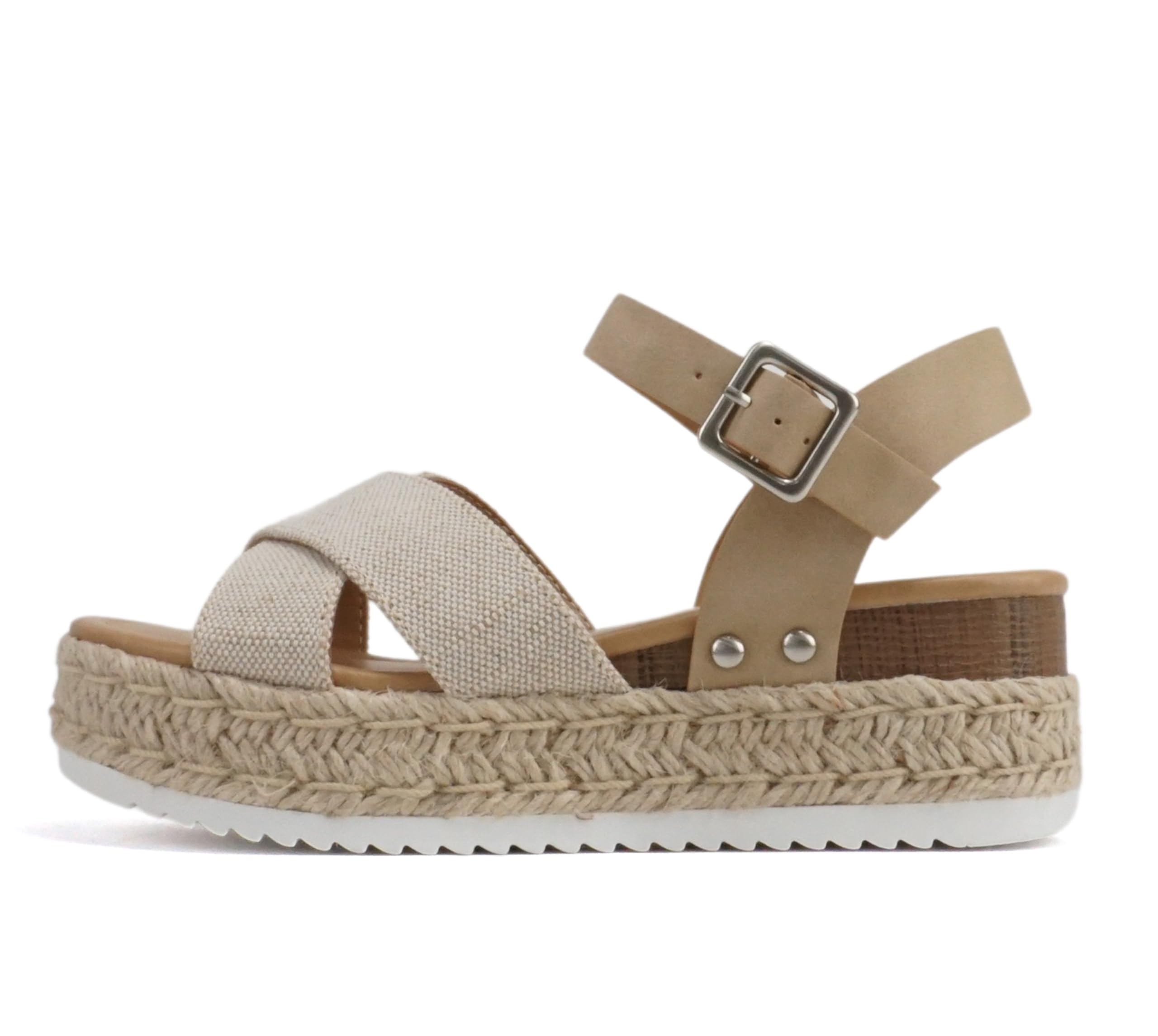 Soda "Firely" ~ Women's Round Toe Crisscross Band Platform Espadrille Wedge Sand