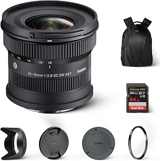 Sigma 10-18mm F2.8 DC DN Contemporary Lens for Sony E, Ultra Wide-Angle Kit | Atomos Bundle Includes passive noise isolation, 25 ft 3.5mm TRS to 1/4" TRS 25 FT adaptor cable, & black headphone stand set