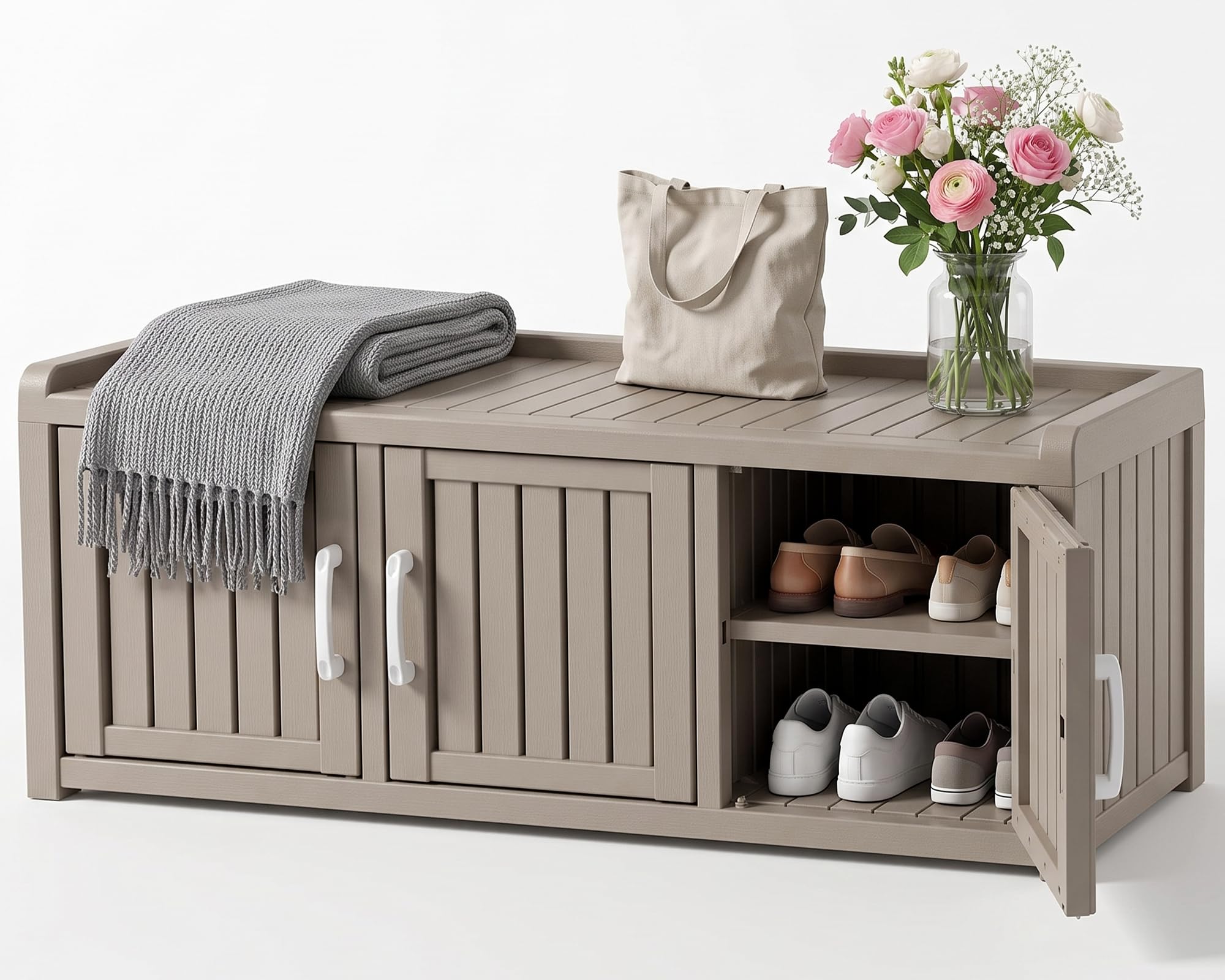 ATMELT 120 Gallon Outdoor Shoe Storage Bench,3Door Resin Cabinet,Grey | Waterpro