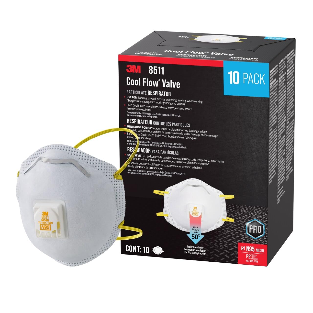 3M 8511 N95 Cool Flow Valved Respirator, 10-Pack | NIOSH-Approved, Relief From D