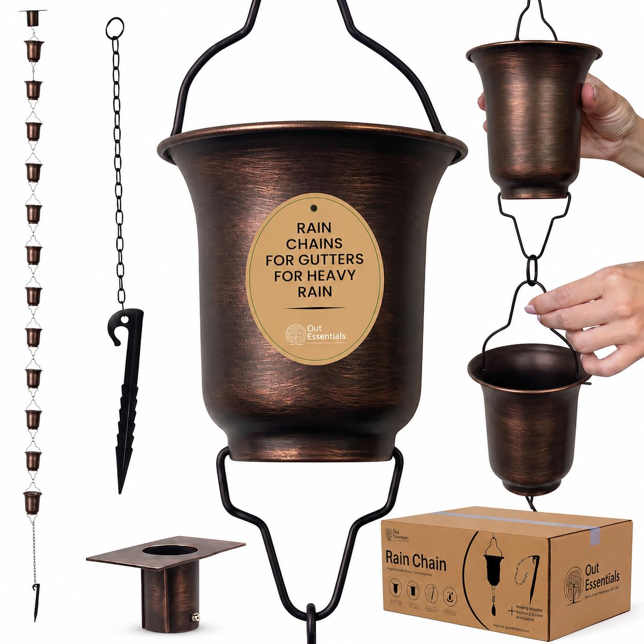 OUT ESSENTIALS - Copper Rain Chain 9 FT, 11 FT Installed with Anchor Stake and G