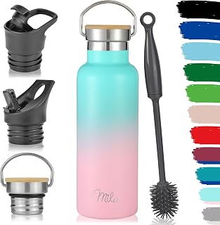 Milu Stainless Steel Bottle 350ml 500ml 750ml 1L (+3 Lids) Thermo Bottle with Straw Water Bottle for Hot, Cold and Carbonated Drinks (Mint Pink, 500ml)