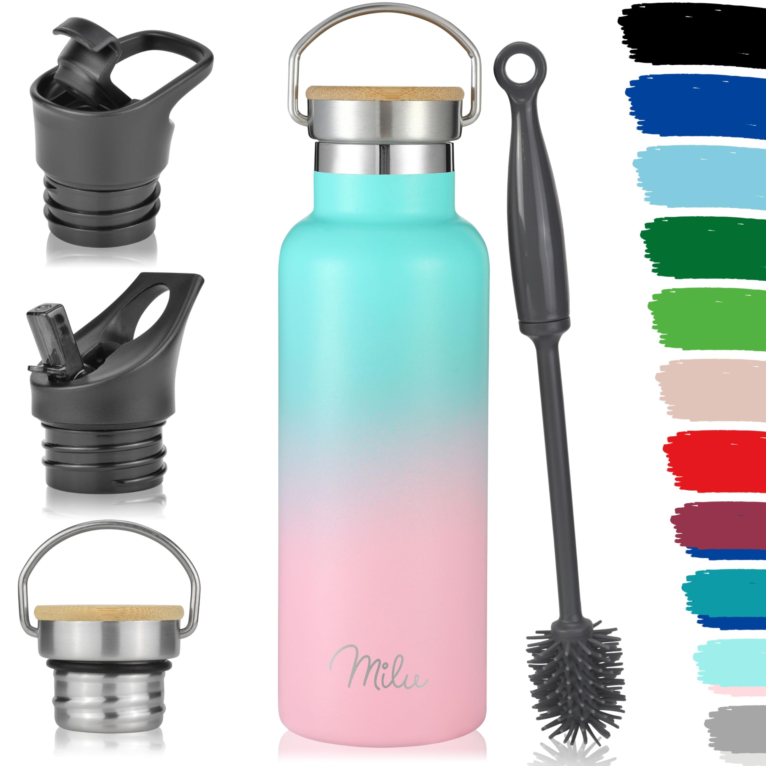 Milu Stainless Steel Bottle 350ml 500ml 750ml 1L (+3 Lids) Thermo Bottle with St