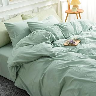 NEXHOME PRO Duvet Cover Set King Size Linen Look Textured Organic Natural 100% Washed Cotton Duvet Cover Teal 3 Pieces Bedding Set with Zipper Closure, Breathable, Soft (Aqua Green, No Comforter)