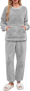 UMIPUBO Women's Pyjamas Winter Fleece Pyjamas Sets Warm Flannel Sleepwear Long Sleeve Top and Trousers with Pockets Soft Chic Loose Fit Sleepwear Loungewear Christmas