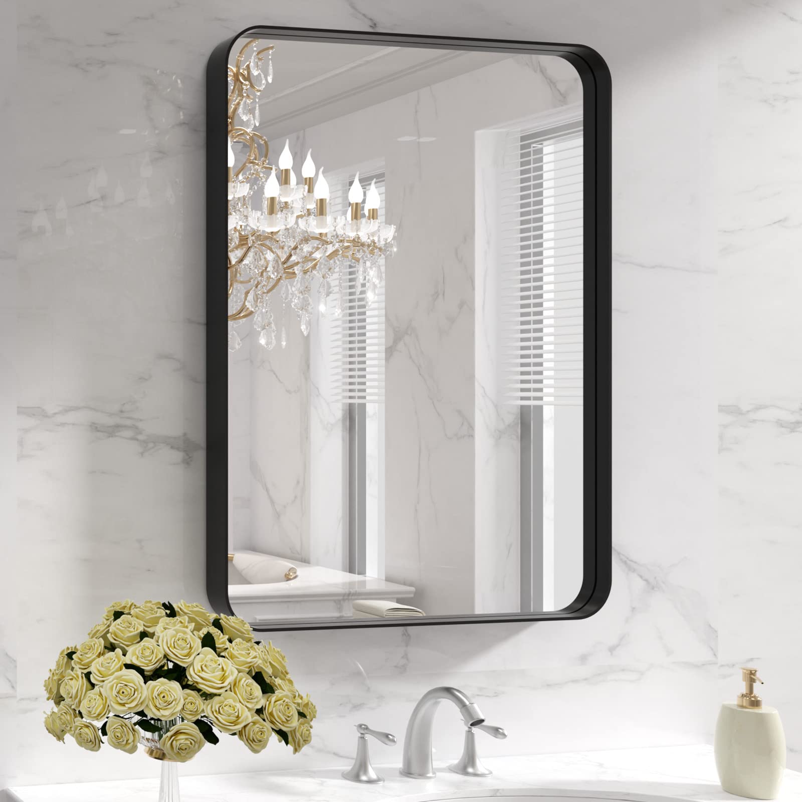 LOAAO 22X30 Inch Black Bathroom Mirror Metal Framed | Rounded Rectangle, Matte B