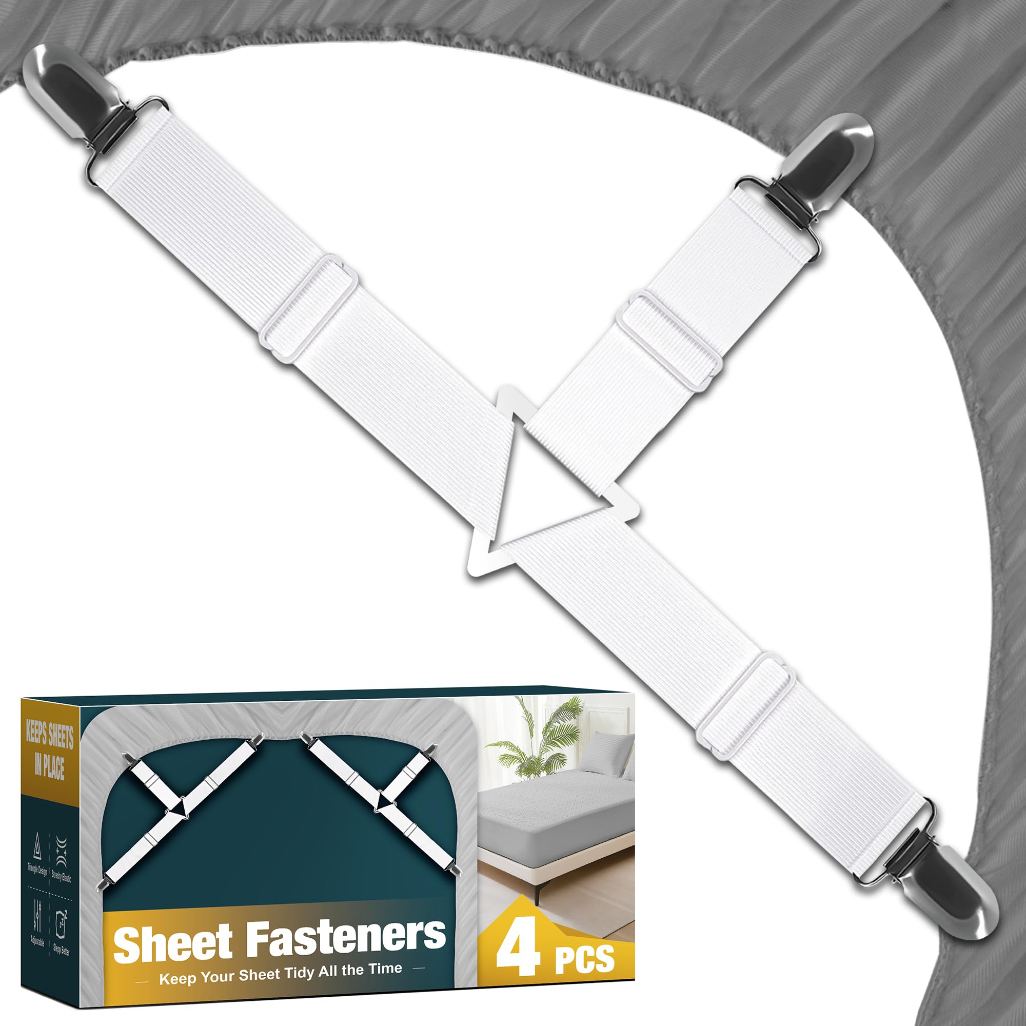 WHISPERING WONDER 4 Pack Adjustable Elastic Straps with Metal Clips, Bed Sheet F