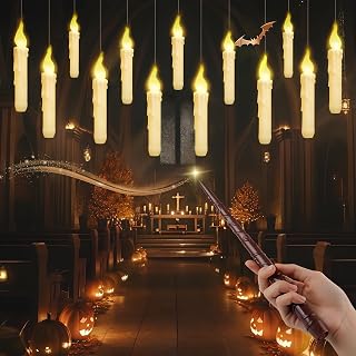 Yazmlin Halloween Decorations, 12PCS Floating Candles with Magic Wand Remote, Battery Operated Flameless LED Candles Halloween Decor for Halloween Spooky Theme Indoor Outdoor Décoration, Warm Light