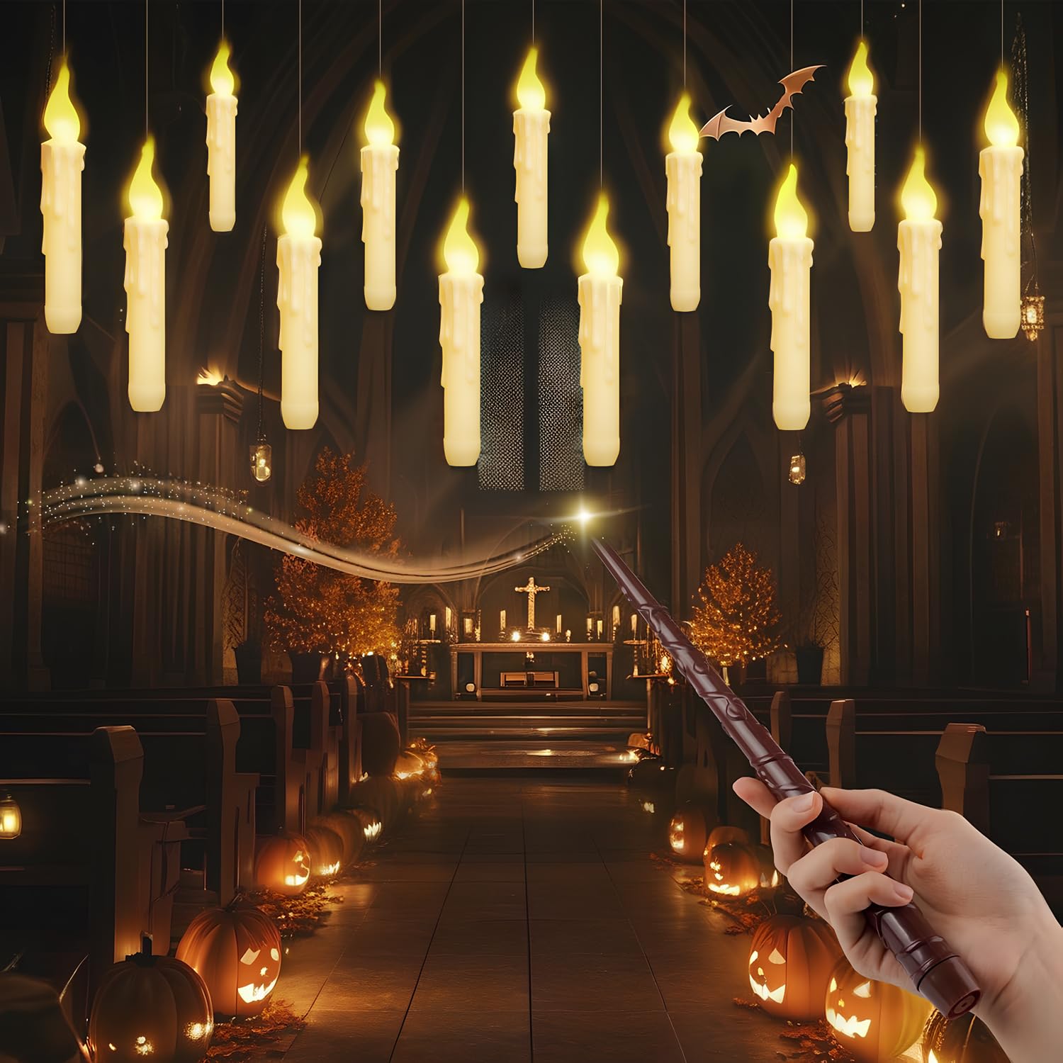 Yazmlin Halloween Decorations, 12PCS Floating Candles with Magic Wand Remote, Ba