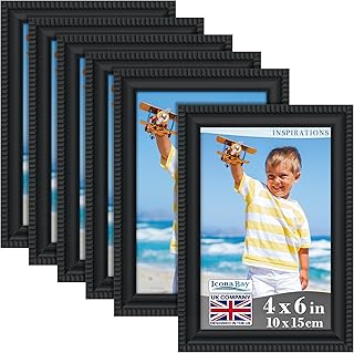 Icona Bay 4x6 Picture Frames (Black, 6 Pack), Beautifully Detailed Molding, Contemporary Picture Frame Set, Wall Mount or Table Top, Inspirations Collection