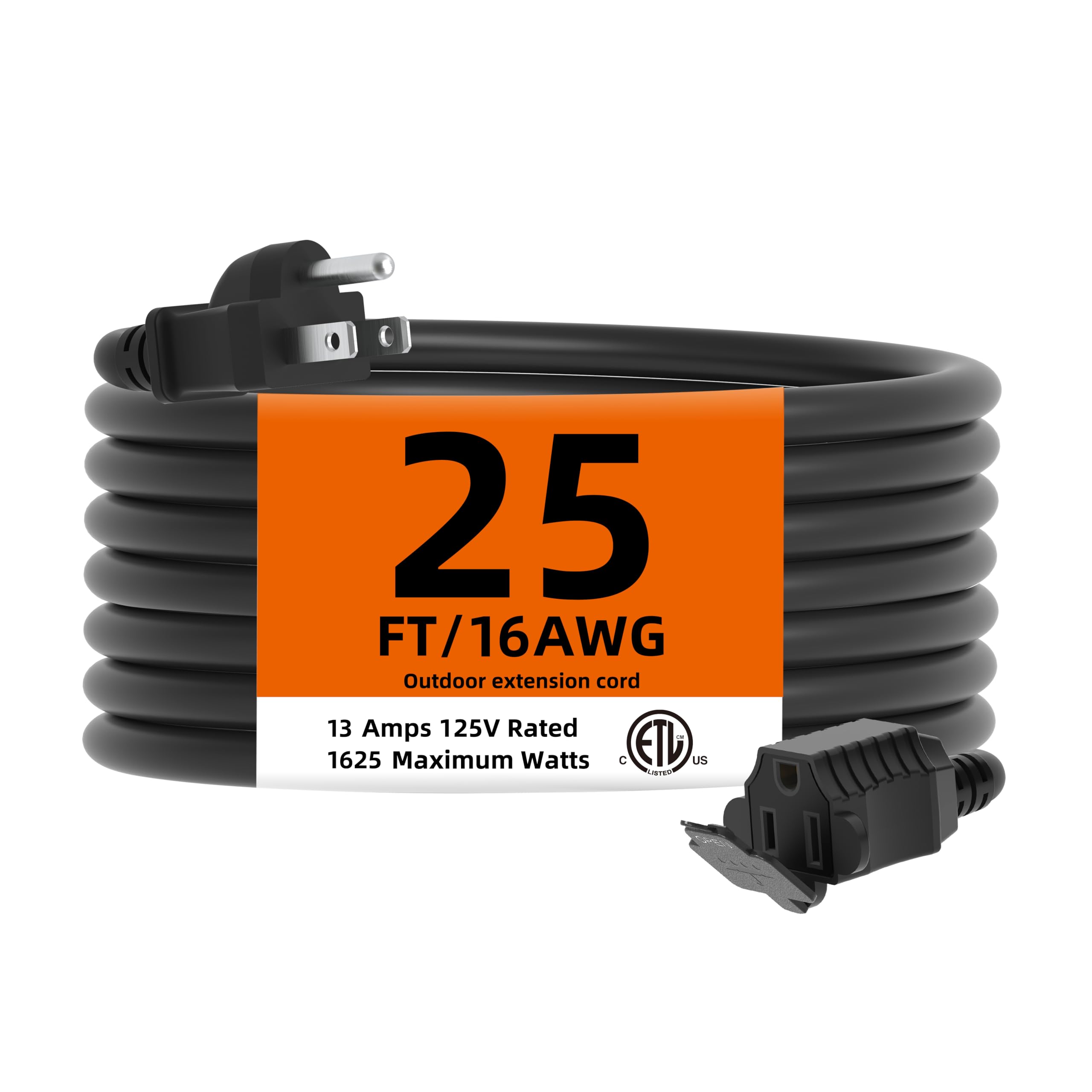 TiFFCOFiO Indoor Outdoor Extension Cord Waterproof, 25 Feet 3 Prong Power Cord f