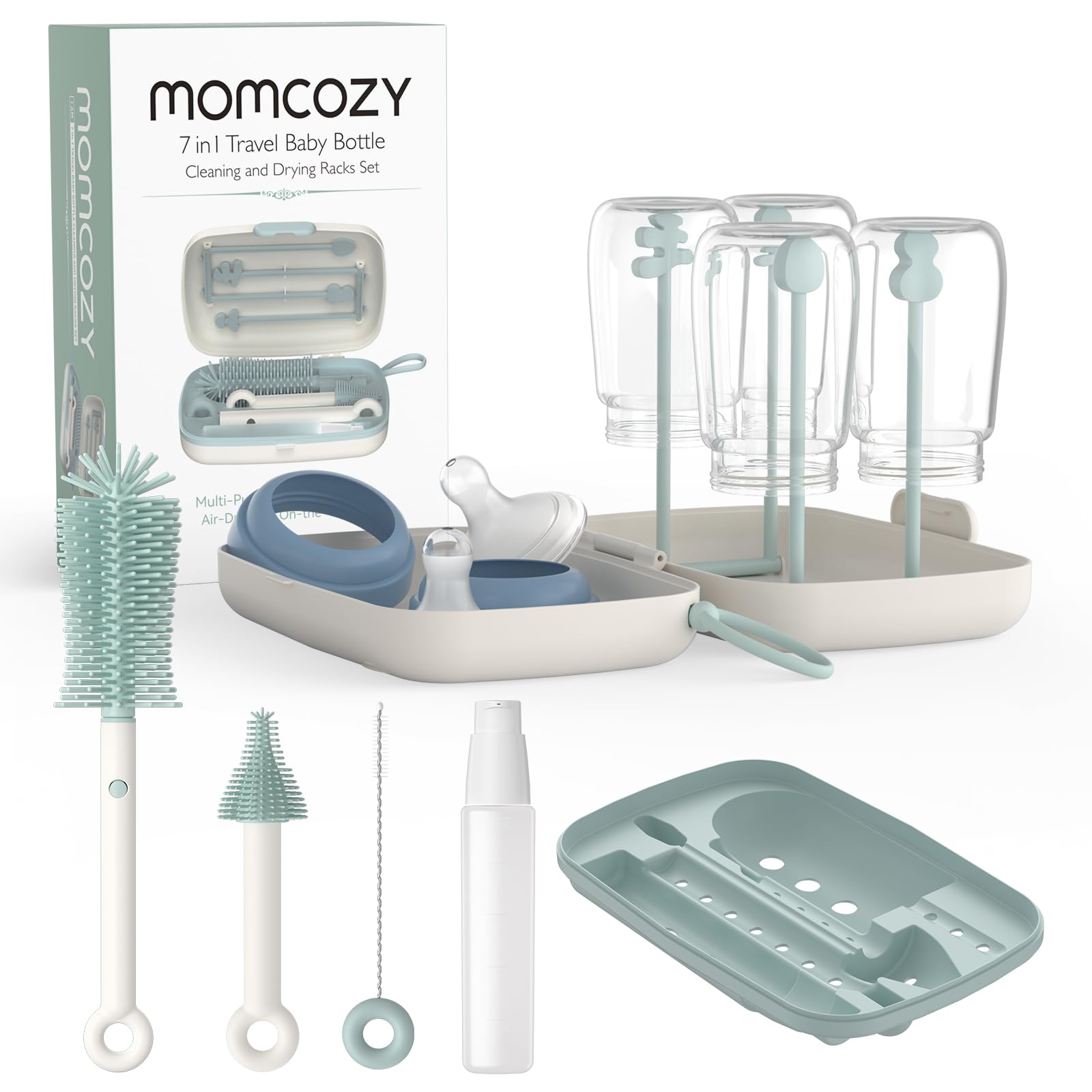 Momcozy 7-in-1 Bottle Brush Set with Drying Rack for Home & Travel, Green | Sili