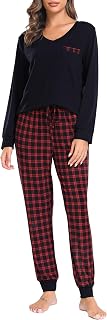 Sopesil Women's Long Winter Pyjamas Two Piece Pyjamas Warm Long Sleeve and Plaid Pants Cosy Sleepwear with Pockets and Drawstring,S-XXL