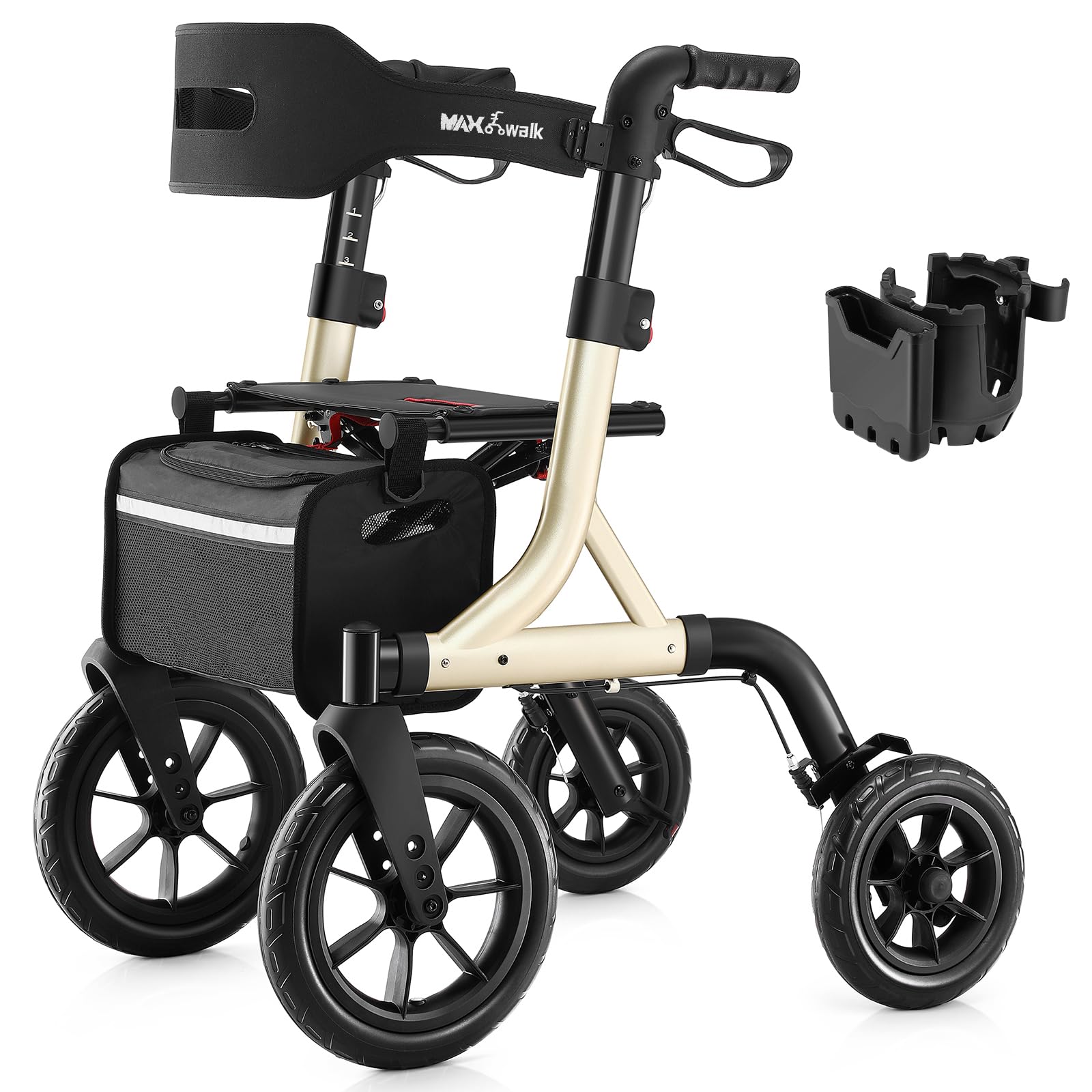 MAXWALK Rollator Walker for Seniors with Seat, 12" All Terrain Wheels, Gold