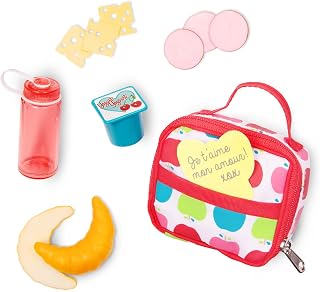 Our Generation Lunch Set for 18-Inch Dolls, Let's Do Lunch Bag, Fashion | 7-piece school lunch accessory set with zip-up apple-print bag, note, yogurt cup, water bottle, and play food, 3+ Years