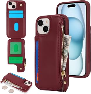 Cavor Custodia per iPhone 15 con porta carte, custodia a portafoglio per iPhone 15 da donna, custodia per iPhone 15 con portafoglio, tasca in pelle con cerniera, antiurto, rosso vino