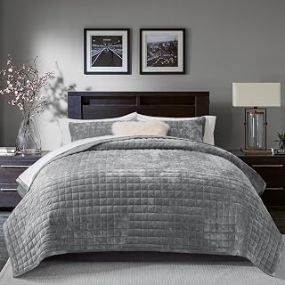 RECYCO Channel Box Stitch Velvet Quilt Set, King Size, Gray