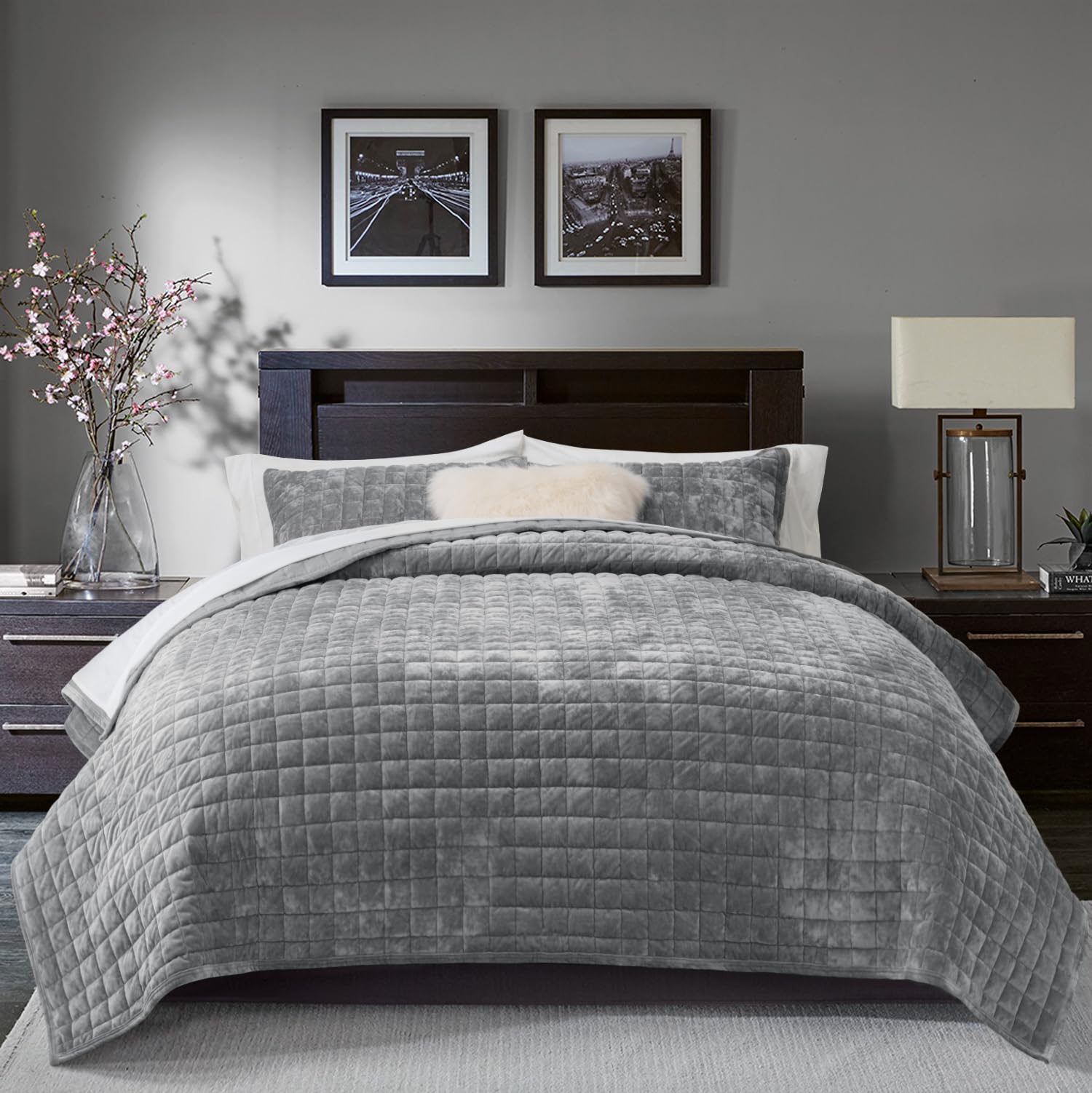 RECYCO Channel Box Stitch Velvet Quilt Set, King Size, Gray