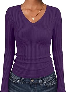 ANRABESS Women's Long Sleeve Shirts V-Neck Ribbed Kint Fall Tops