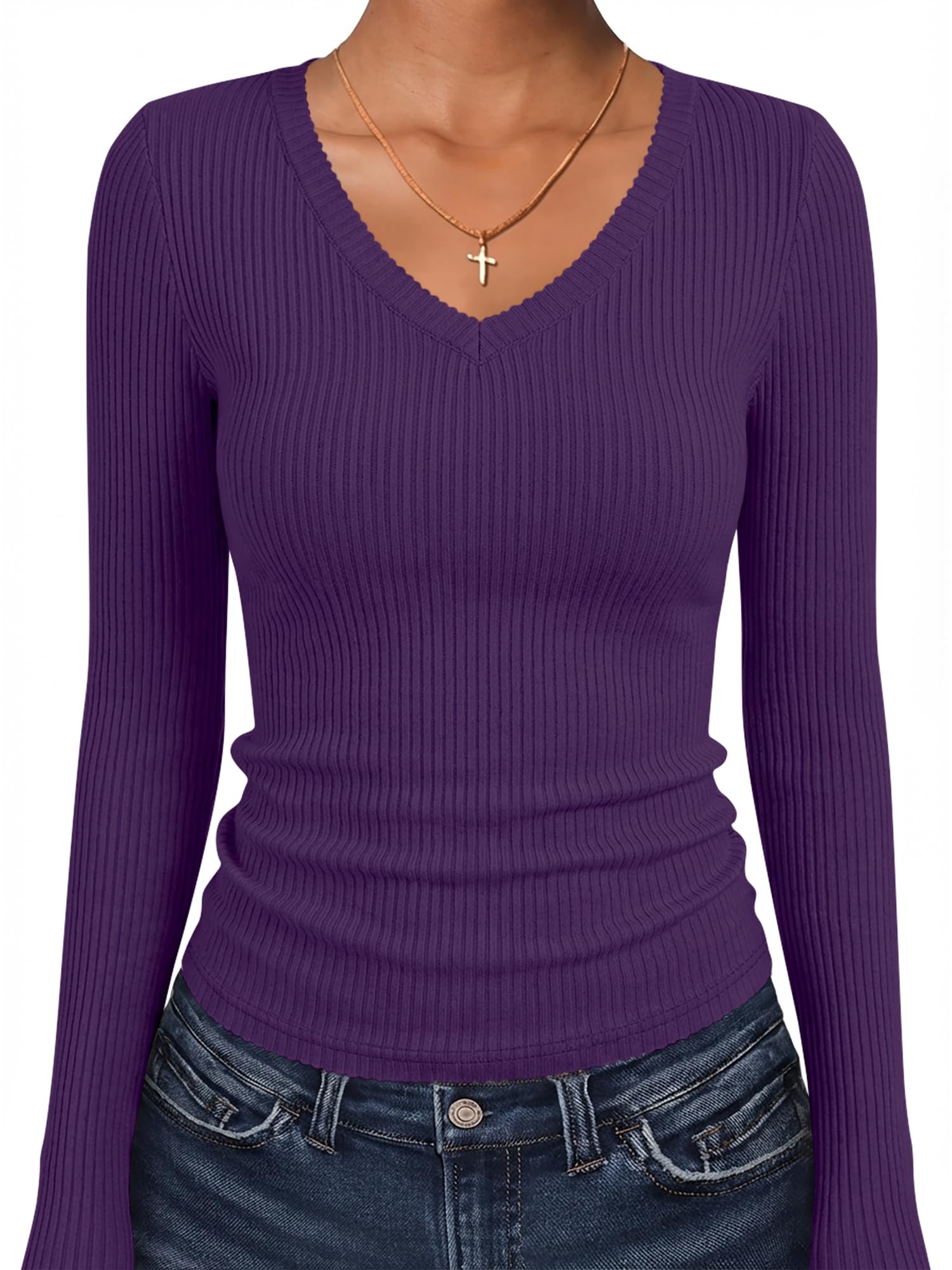 ANRABESS Women's Long Sleeve Shirts V-Neck Ribbed Kint Fall Tops