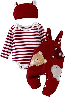 Baby Boy Clothes Newborn Striped Romper Fall Outfits + Infant Cartoon Suspender Overall + Cute Hat 3 Pcs 0-18 Months