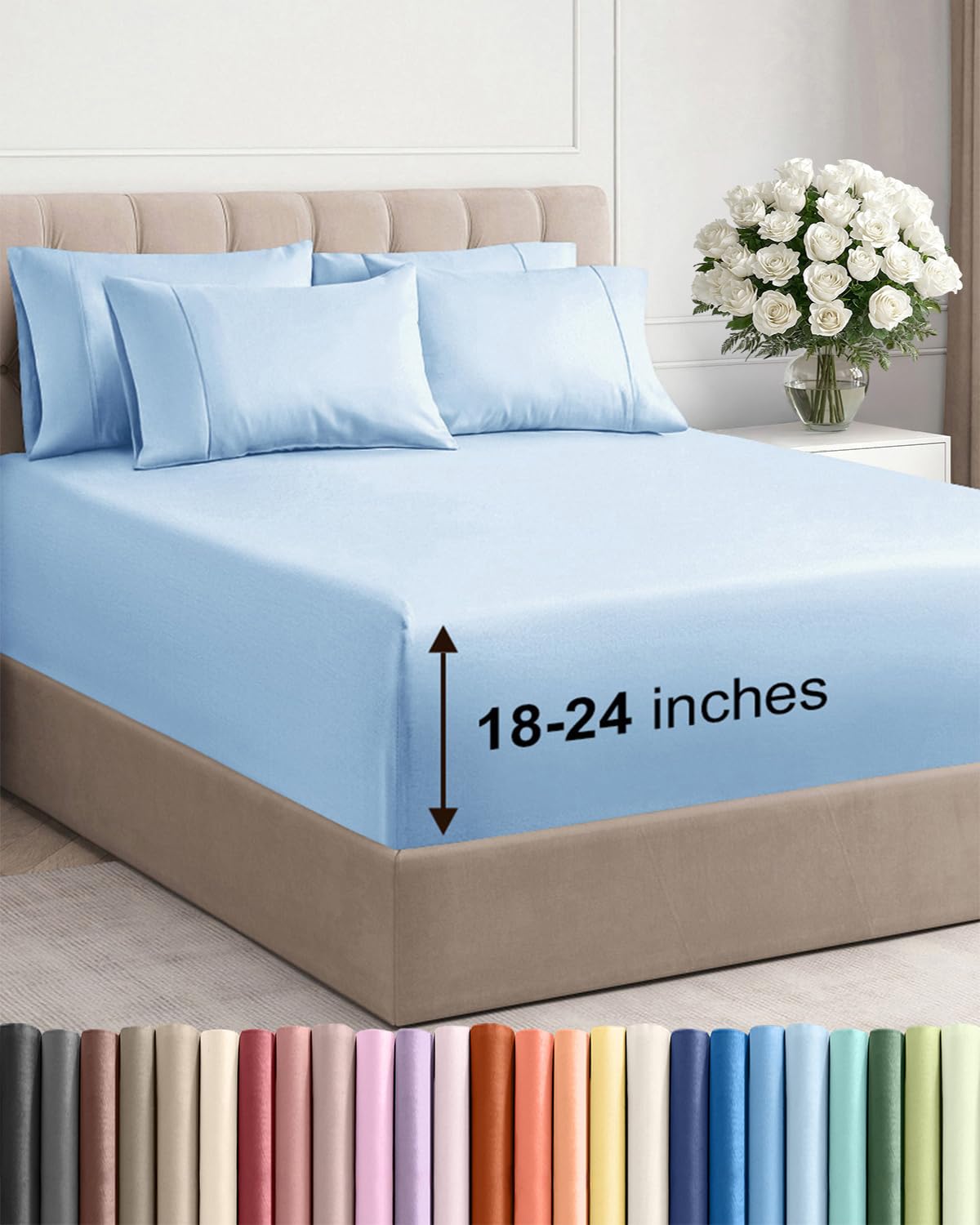 Extra Deep Full Sheet Set - 6 Piece Breathable Cooling Sheets - Light Blue