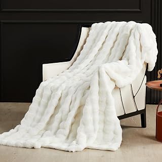 SAPHREAS Fluffy Faux Rabbit Fur Throw Blanket for Sofa Bed, Fuzzy Bubble Blanket for Travel Couch Living Room, Decor Soft Cozy Warm Gifts for Women Men, 150x200cm Cream White