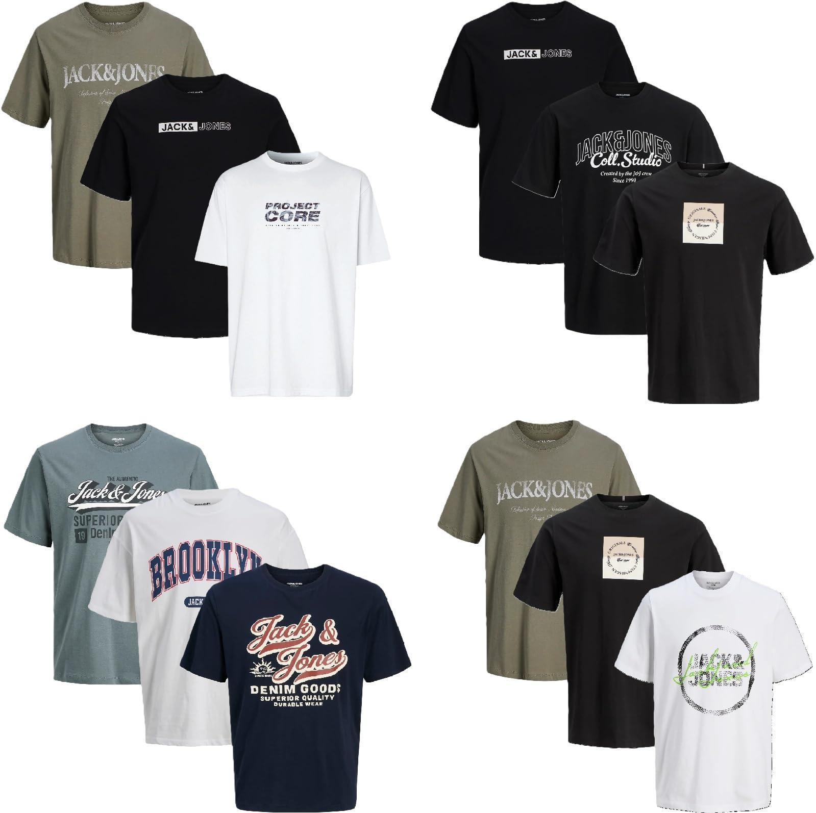JACK & JONES Men's Core T-Shirts with Round Neck, Pack of 3