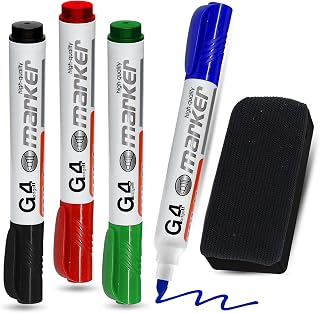 G4GADGET Whiteboard Pens 4 Pack with Eraser – Dry Wipe Marker Pens Black Blue Red Green | Bullet Tip White Board Markers Erasable, Low Odour, Non-Permanent for School, Office & Home
