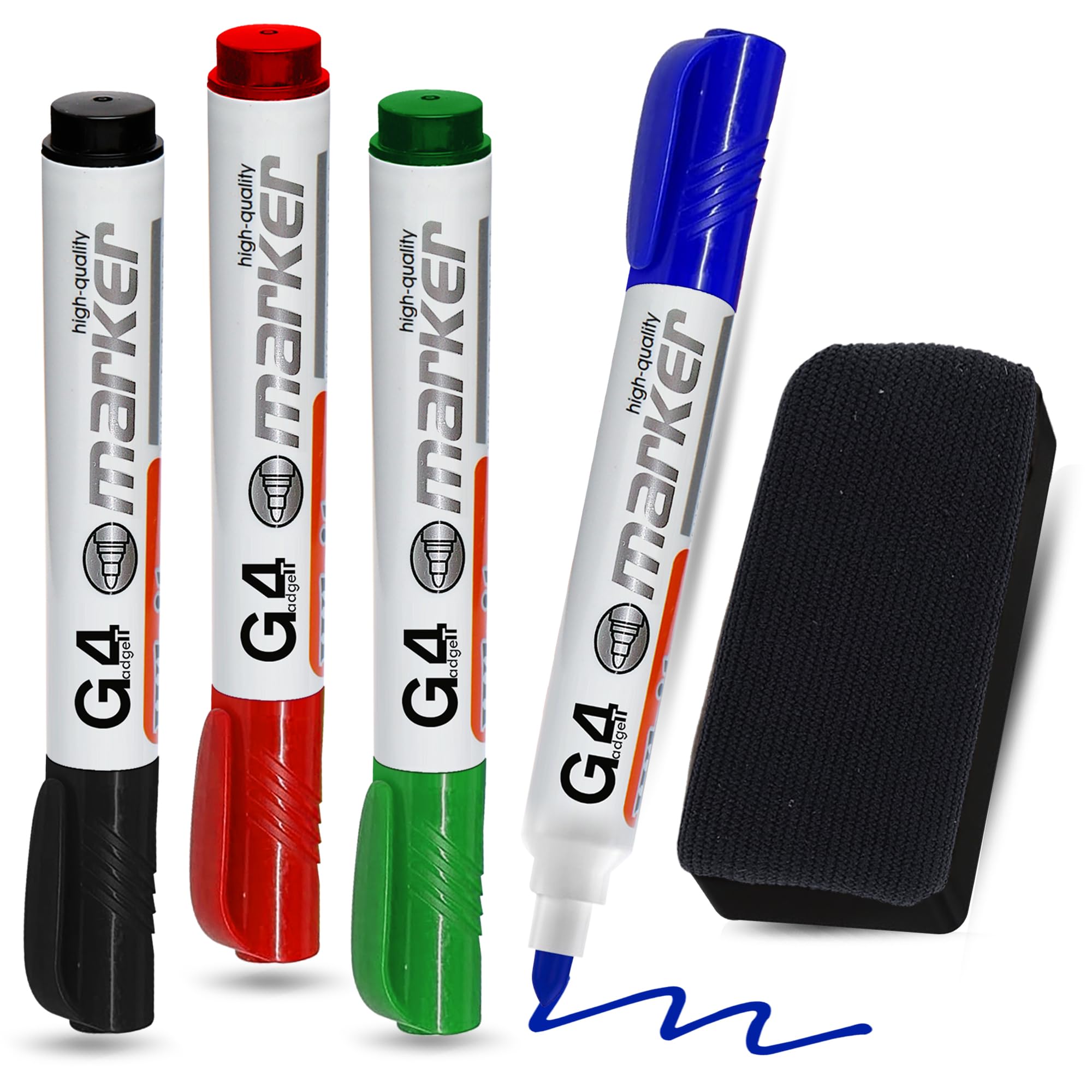 G4GADGET Whiteboard Pens 4 Pack with Eraser – Dry Wipe Marker Pens Black Blue Re