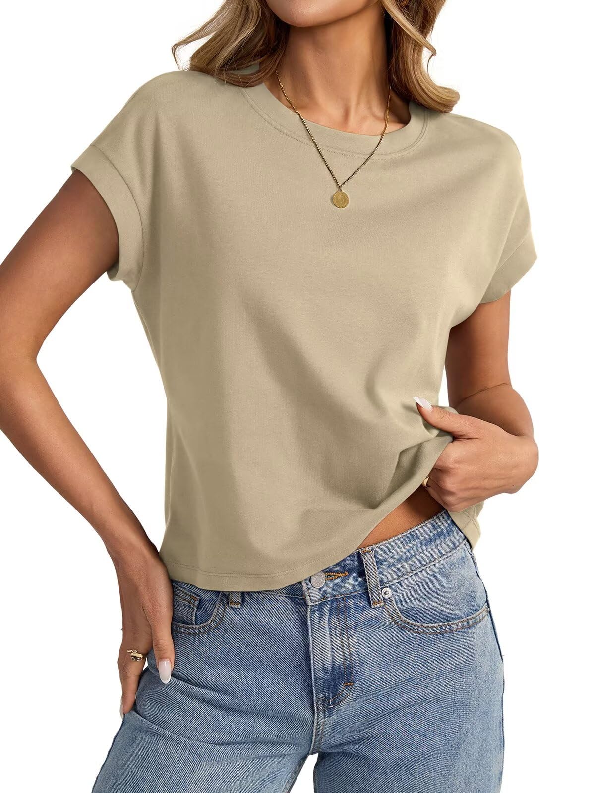 EasyGala Womens Cap Sleeve Crop Tops Cotton T Shirts Crewneck Loose Fit Short Sl