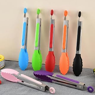 Cooking Tongs 7 Inch Heat Resistant with Silicone Tips, Long Stainless Steel Handle and Rubber Liner, Perfect for Food, BBQ and Salads, Easy to Store, 1