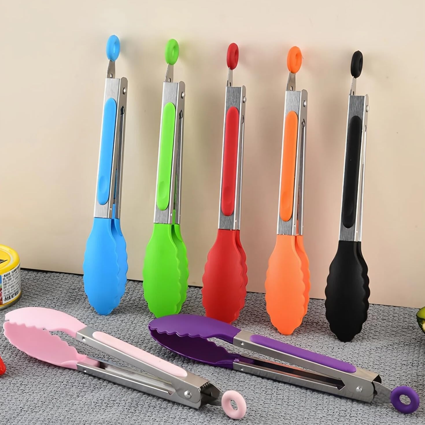 Cooking Tongs 7 Inch Heat Resistant with Silicone Tips, Long Stainless Steel Han