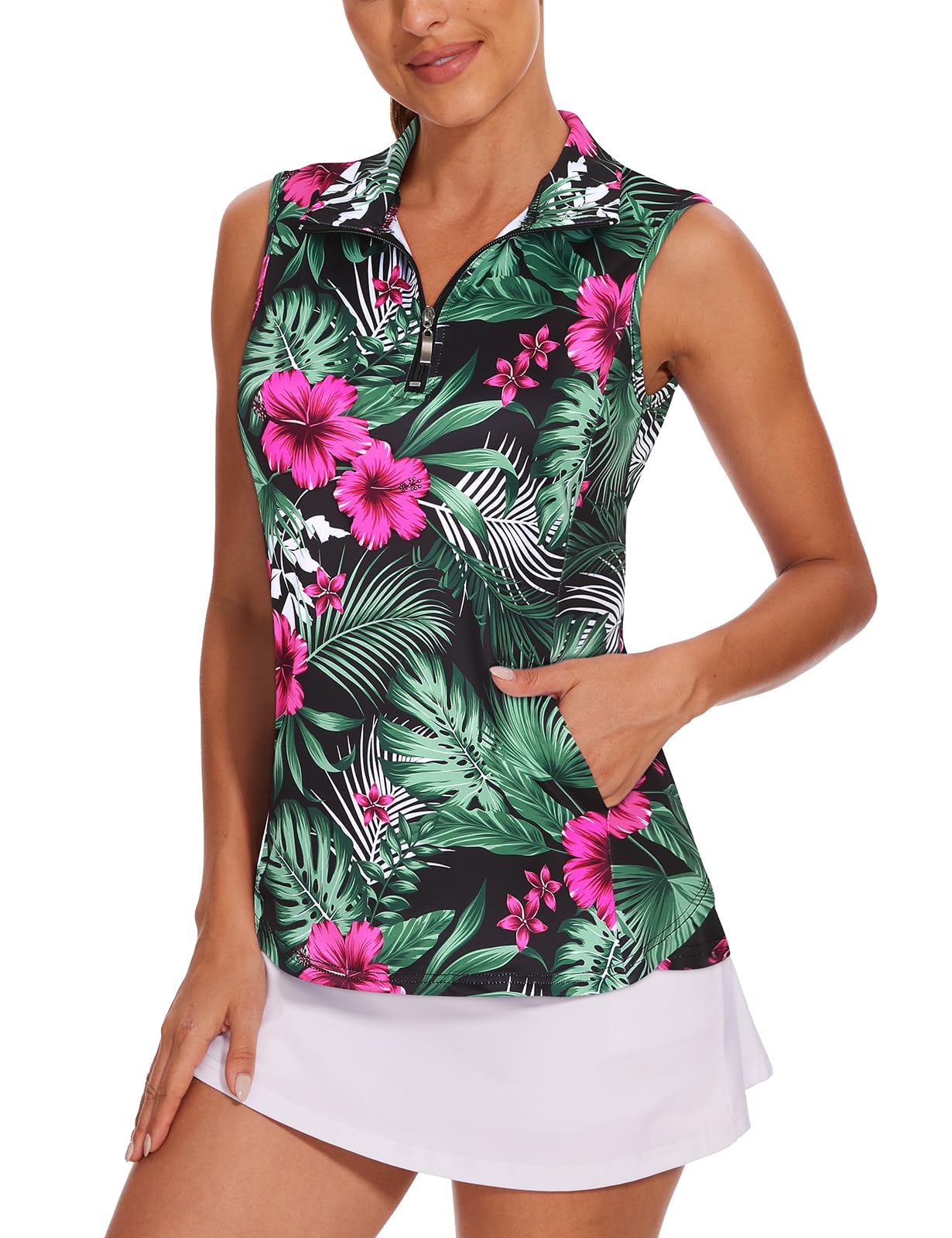 Tanst Sky Womens Sleeveless Golf Shirt Zip Up Workout Tops with Pockets