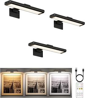 EZVALO Picture Light for Wall, Rechargeable 2400mAh Lights Wireless with IR Remote, 3 Color & Dimmable Magnetic 7.8'' LED Lights Display for Painting, Living Room, Gallery, Bedroom(Black-3P)