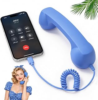 Retro Phone Handset for Cell Phone, Type-C Wired Receiver, Vintage Landline Style for Calls & Video Meetings (Blue)