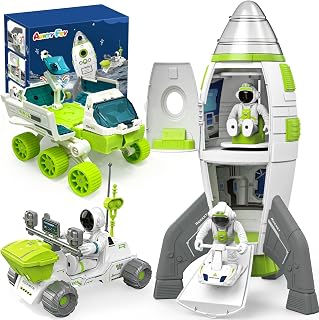 AuntyFey Space Rocket Playset with Rover and Astronaut Figures for Kids 3-7 | 3-Level Rocket Ship Toy with Moving Elevator, Lights & Countdown Sounds, 6-Wheel Vehicle, Lunar Scout and Hovercraft