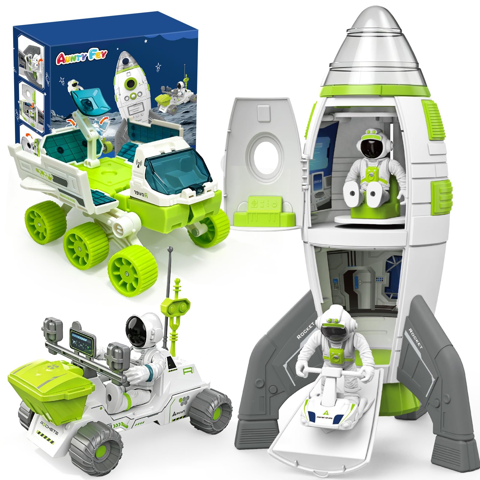 AuntyFey Space Rocket Playset with Rover and Astronaut Figures for Kids 3-7 | 3-