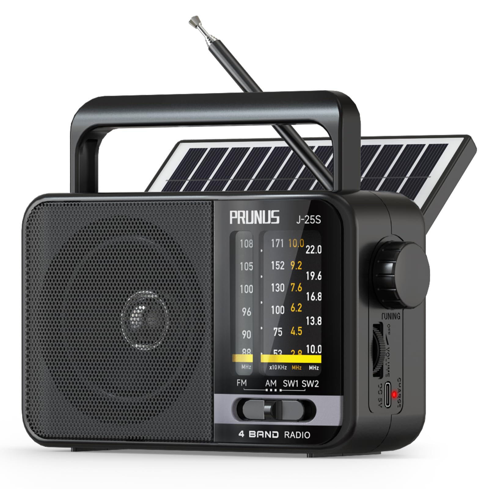 PRUNUS J-25 Portable Radio AM FM with Solar, Battery and USB Charging | Loud Spe