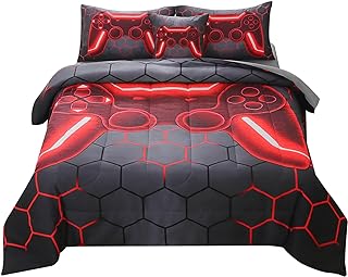 JQinHome Queen Gamer Comforter Set for Boys Girls Kids,6 Piece Bed in A Bag 3D Video Game Bedding -All Season Soft Microfiber Down Alternative Comforter Gamer Bedding Sets with Sheets （Red）